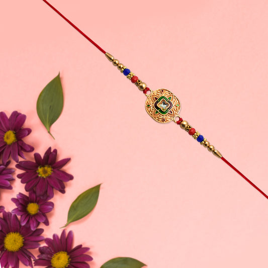 Traditional Kundan Rakhi With Antique Gold Finish Multicolor Beads