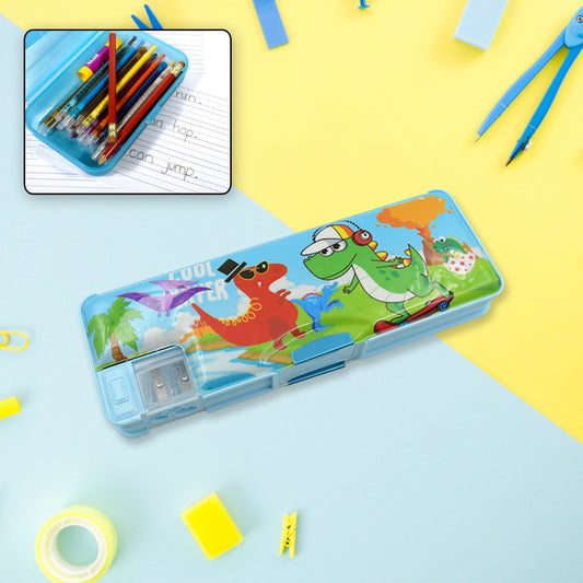 4252 Multipurpose Compass Box Plastic Double Deck Pencil Case With 2 Compartments Supplies Utility Box Storage Organizer Pencil Box For School Cartoon Printed Pencil Case For Kids Birthday Gift For Girls Boys (1 Pc Mix Design)