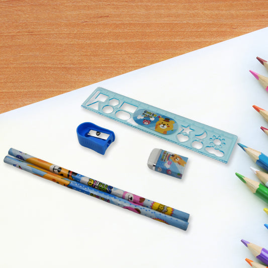 17578 Stationery Kit For Kids - Stationery Set Includes Wooden Pencil Sharpener Pencil And Eraser Set Birthday Return Gift For Kids Boys Girls 2 Pencil 1 Scale 1 Notebook1 Sharpener 1 Eraser With Zip Bag (6 Pcs Set)