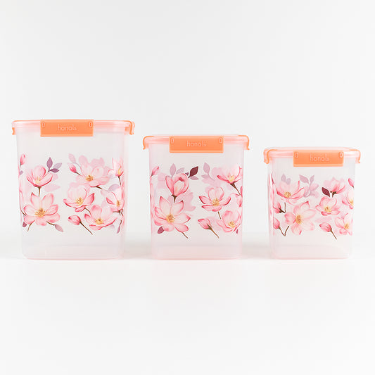 Square 3 Pcs Floral Printed Airtight Storage Container Set Approx 2.8 Ltr 4.5 Ltr 6.9 Ltr (3 Pcs Set)