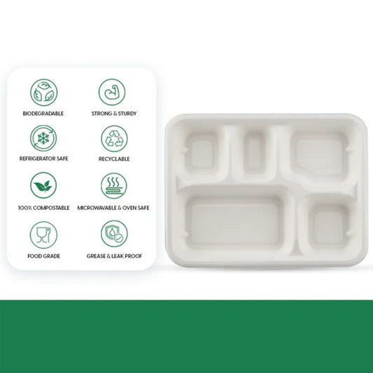 5-compartment Rectangle Lunch Compostable Bagasse Plate 10 Pcs Pack
