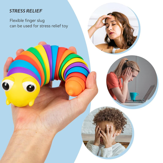 3D Rainbow Color Plastic Slug Fidget Toys, Stress Relieving Toy, Sensory Slug Toy for Boys and Girls, Finger slug Toy, for Autistic, Caterpillar Fidget Toys Stress Relief Gifts for Toddlers Kids Adults (1 Pc)
