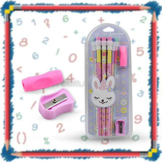 4396 Cute Rabbit Bear Drawing Graphite Writing Pencil Set With Pencil Sharpener Eraser Pencil And Eraser Set With Eraser For Kids For Girls Fancy School Stationary Birthday Party Return Gift (14 Pc Set)