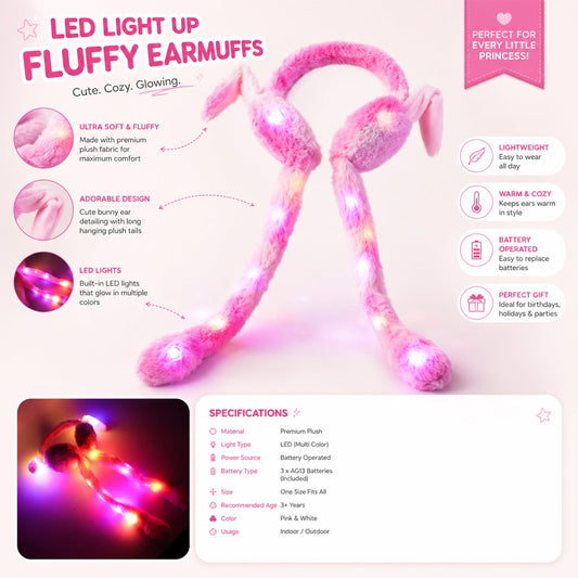 Led Light Soft Plush Winter Earmuffs With Cute Bunny Ears Long Tails (1 Piece)