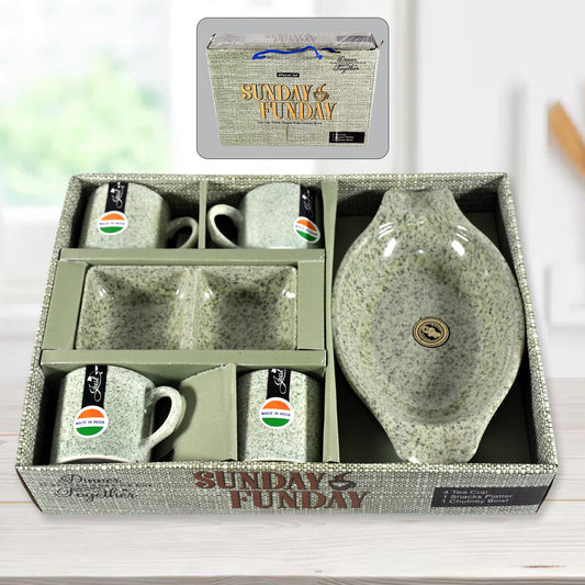 8240 Sunday Funday Ceramic Tea Cups Mug With Plastic Snacks Platter And 2 Compartment Chutney Bowl Milk Cup Coffee Cup Breakfast Cup Drinking Mug Or Outdoor For Household Gift For Birthday Wedding Party (6 Pcs Set)