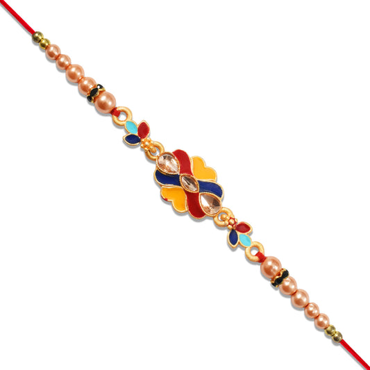Premium Designer Rakhi With Multicolor Enamel Kundan Stones Golden Pearls