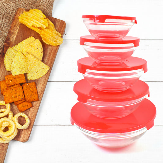 Modern Glass Bowl Set Mixing Storage Bowls With Red Lids (5 Pcs Set)