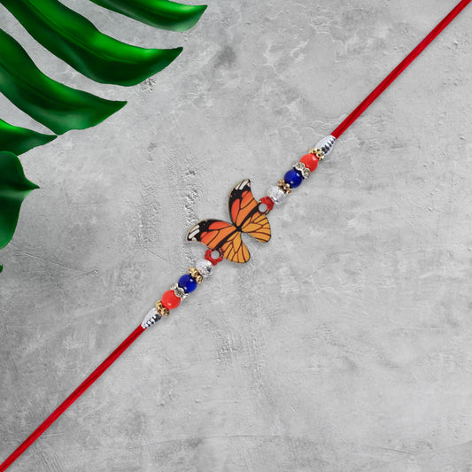 Vibrant Butterfly Rakhi With Colorful Beads Red Mauli Thread