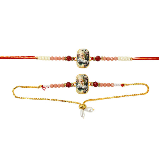 Elegant Swan Design Bhaiya Bhabhi Rakhi Set Premium Printed Tile Rakhi With Crystal Beads Adjustable Bracelet