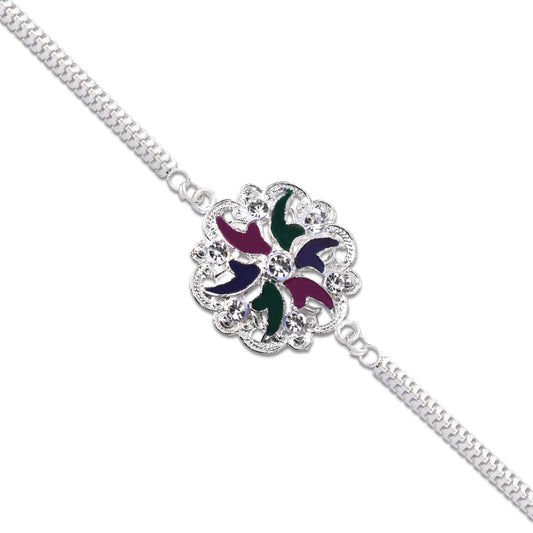 Silver Floral Rakhi With Multicolor Enamel Chain Band