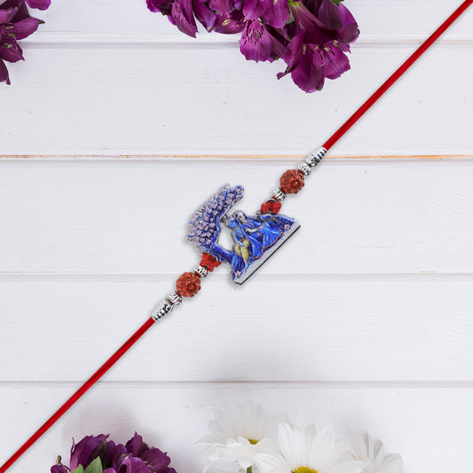 Radha Krishna Rakhi Under Tree Design With Rudraksha Red Mauli Thread