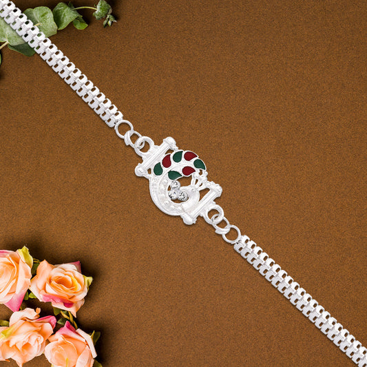 Silver Finish Rakhi With Red-green Enamel