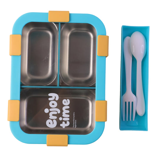 Airtight 3 Compartment Stainless Steel Lunch Box With Spoon Fork 600ml