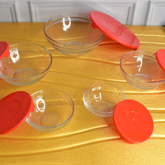 Modern Glass Bowl Set Mixing Storage Bowls With Red Lids (5 Pcs Set)