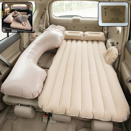 Portable Car Air Mattress Bed Set With Pump Pillows Inflatable (Beige)