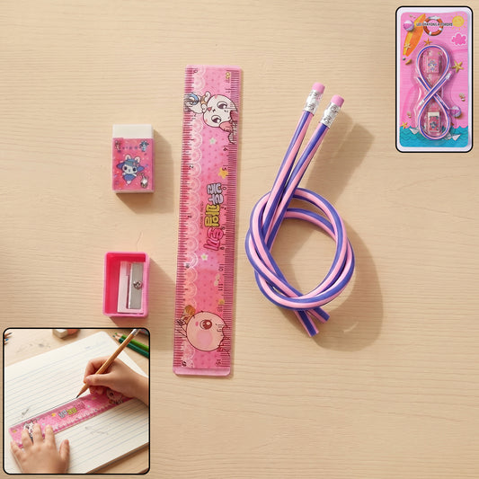 Kids School Stationery Kit 5 In 1 Cute Cartoon Set With Flexible Pencils
