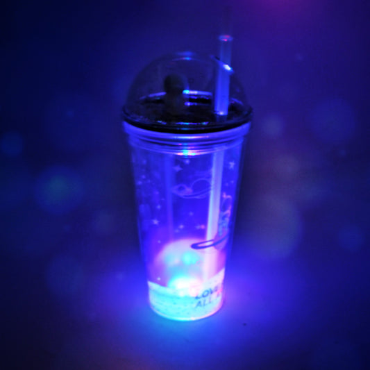 6883b Led Glow Light Design Printed Insulated Double Wall Plastic Tumbler Cups With Straws 13oz Theming Astronaut In Space Travel Tumbler Freezer Mug Drinking Cups For Boys And Girls Schooltuitiongym Picnic (Pack Of 1)