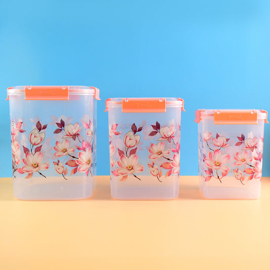 Square 3 Pcs Floral Printed Airtight Storage Container Set Approx 2.8 Ltr 4.5 Ltr 6.9 Ltr (3 Pcs Set)