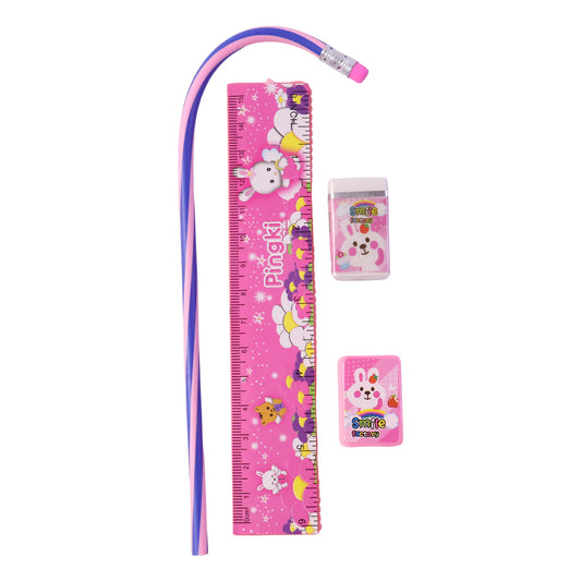 4-in-1 Cute Pink Stationery Set With Ruler Pencil Eraser Sharpener