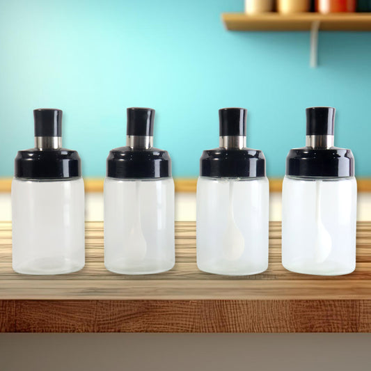 Transparent Spice Jar Set With Spoon Airtight Lid (4 Pc)