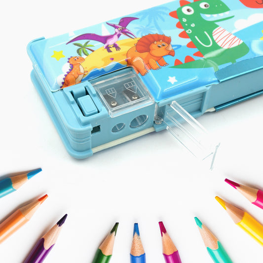 4252 Multipurpose Compass Box Plastic Double Deck Pencil Case With 2 Compartments Supplies Utility Box Storage Organizer Pencil Box For School Cartoon Printed Pencil Case For Kids Birthday Gift For Girls Boys (1 Pc Mix Design)