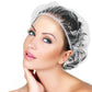 Disposable plastic shower cap in use