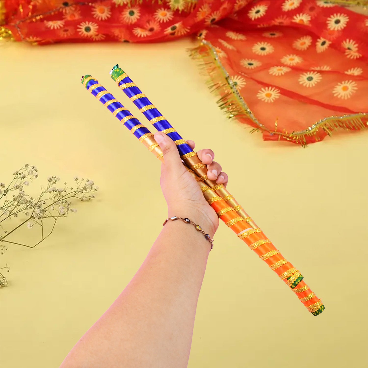 Traditional Decorative Dandiya Sticks Pair For Navratri Garba (2 Pc)