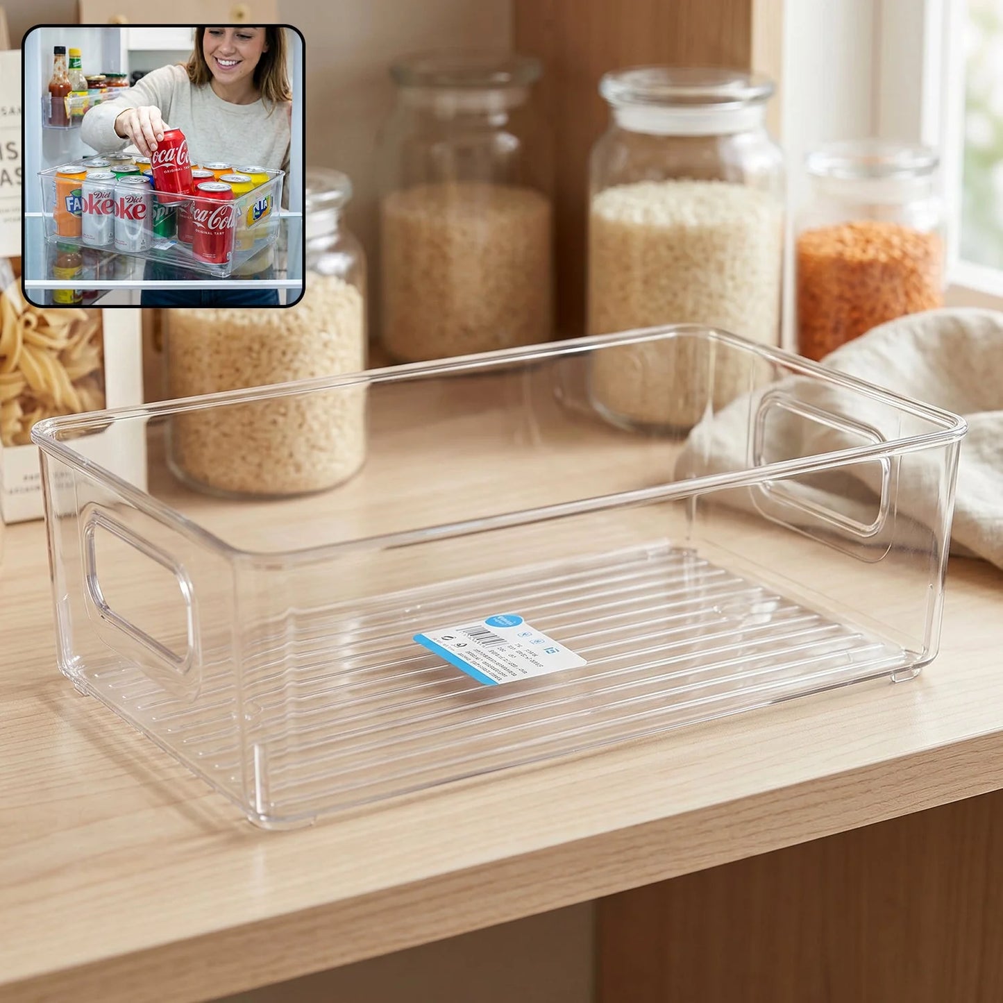 Crystal Clear Plastic Storage Box Organizer With Handle For Fridge Pantry (1 Pc)