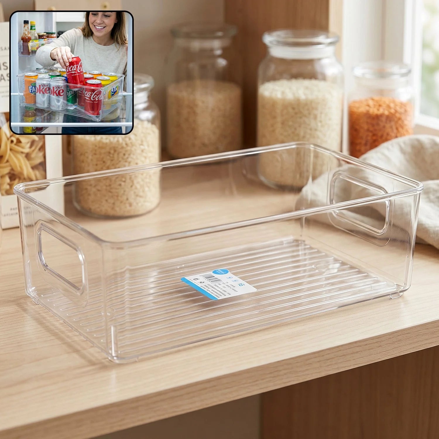 Crystal Clear Plastic Storage Box Organizer With Handle For Fridge Pantry (1 Pc)