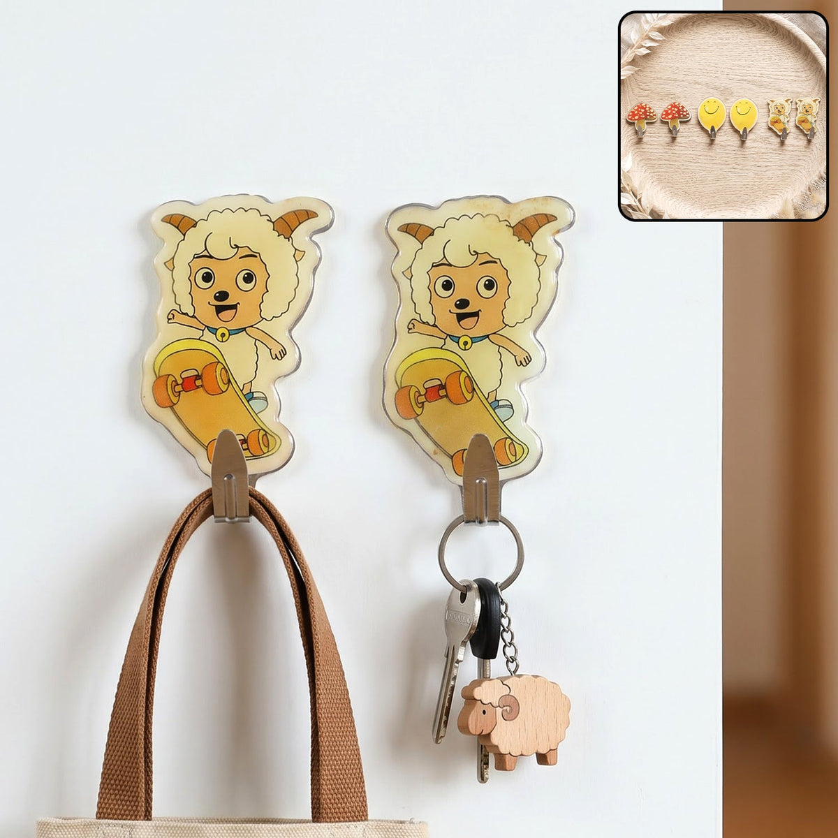 Cartoon Self Adhesive Wall Hooks For Keys Bags Towels And Home Decor (2 Pc Set)