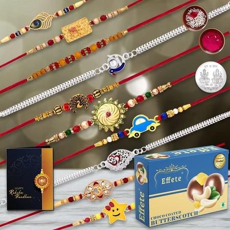 (K10_mc10_bs32) Multicolor Rakhi Combo  Chocolate Butter Scotch With Silver Color Pooja Coin Roli Chawal  Greeting Card  Occasion  Rakhi  Chocolate For Brother  Bracelets For Men Stylish  Rakhi With Gift  Rakhi Combo  Set Of 10 Rak