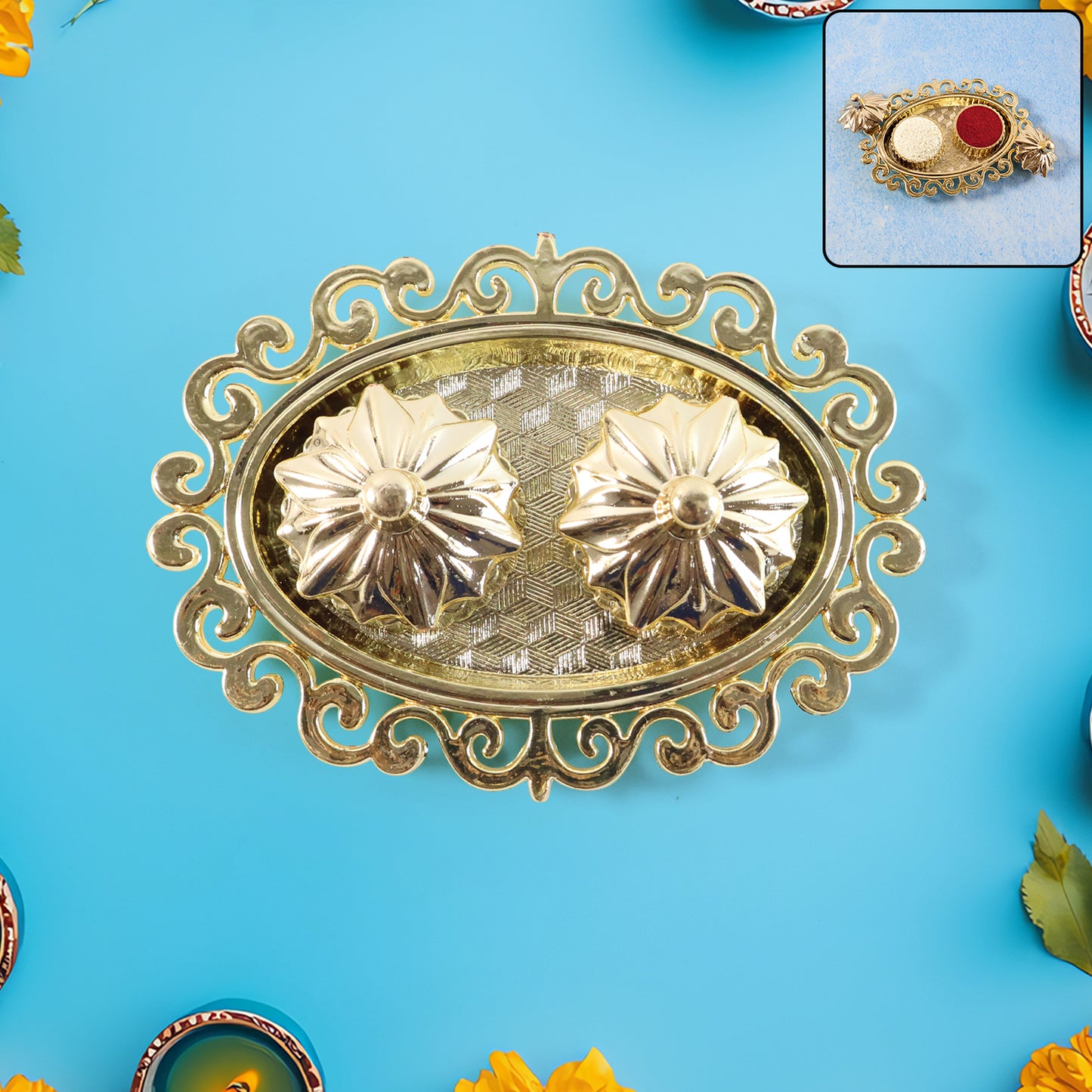 Decorative Double Kumkum Dish With Ornate Tray (1 Pc)