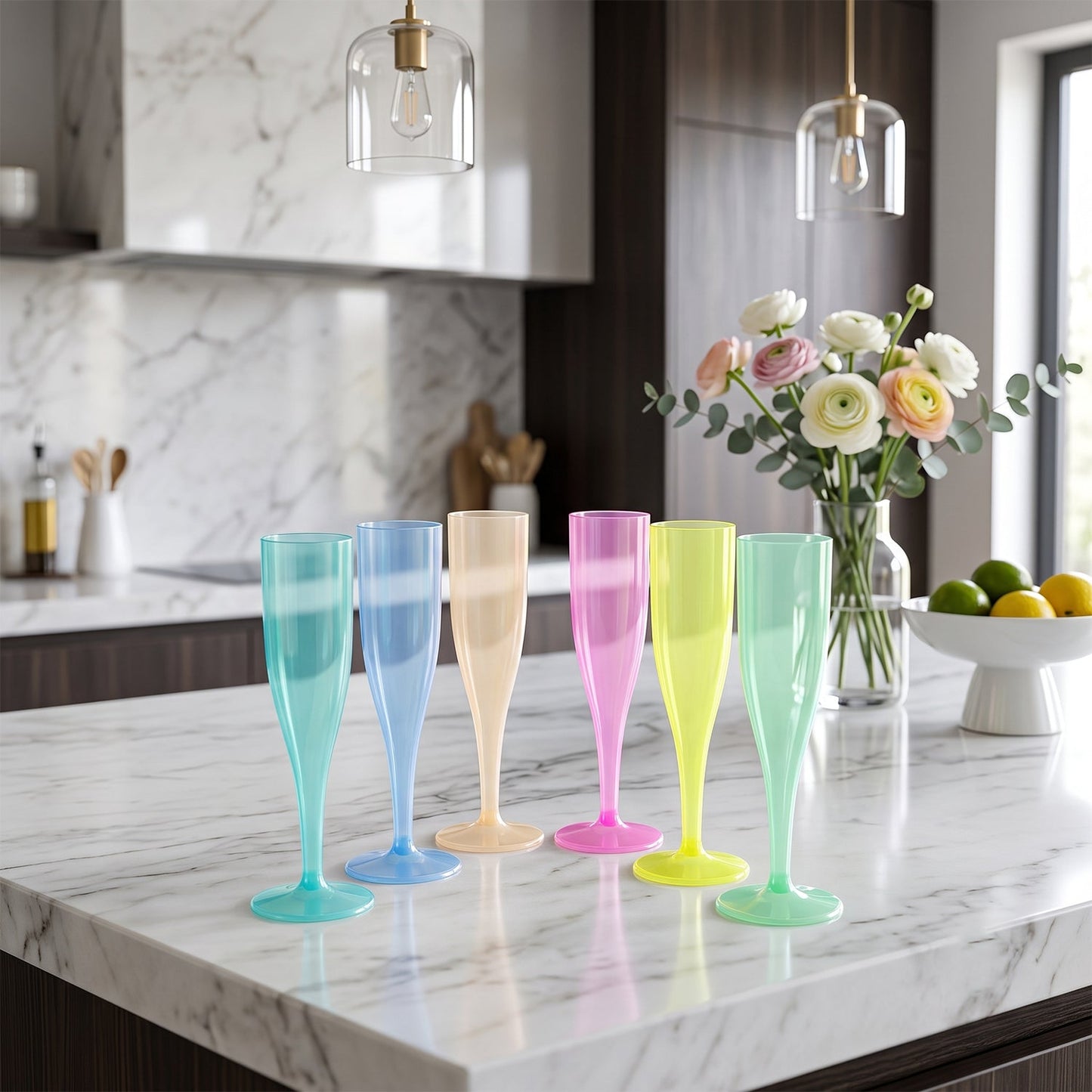 Reusable Plastic Champagne Flutes Wine Glasses Set Assorted Colours (6 Pc Set)