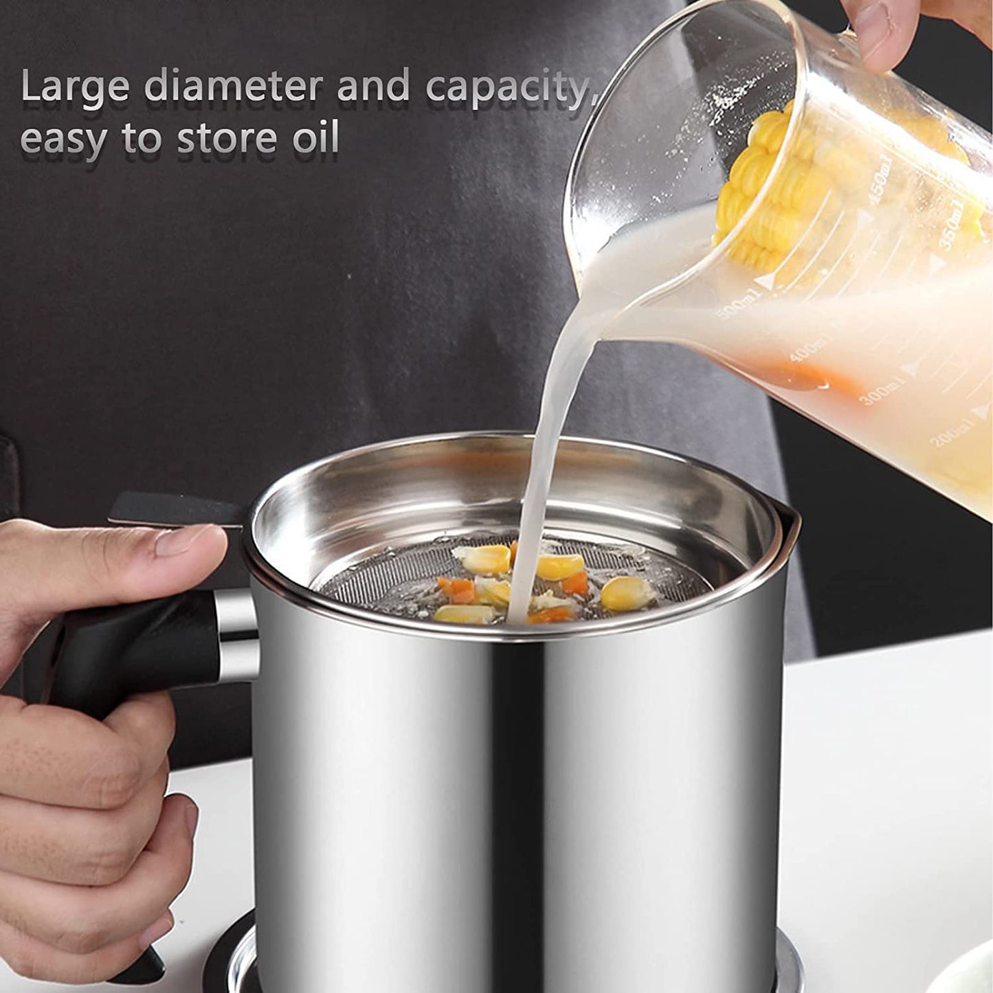 Stainless Steel Oil Strainer Pot With Lid And Filter Mesh (1 Set)