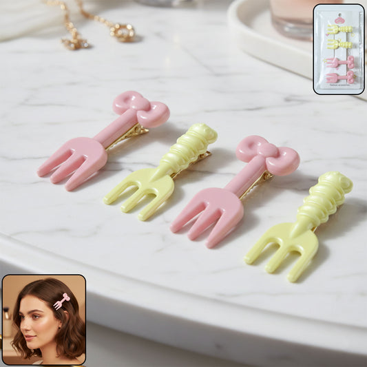 Cute Mini Fork Shaped Hair Clips Set For Girls And Women (4 Pc)
