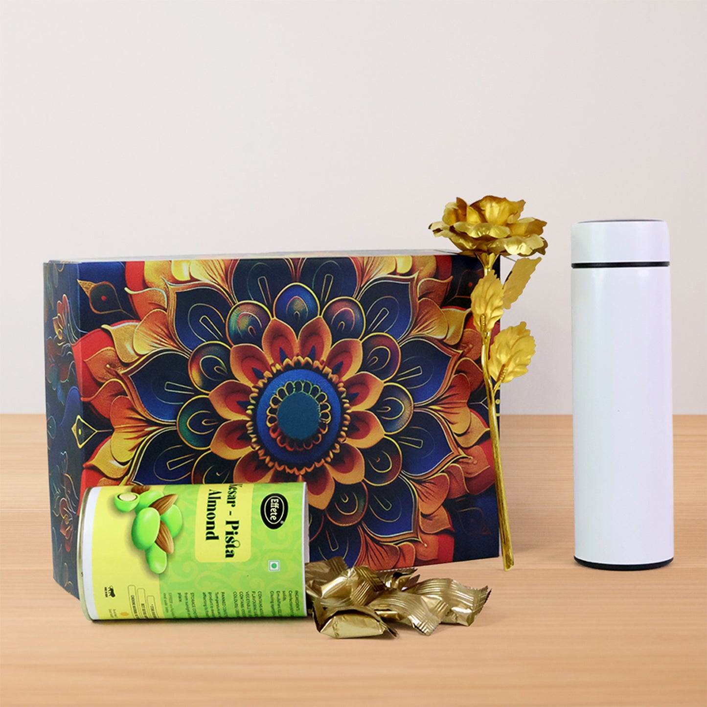 Effete Kesar Pista Almonds Gift Hamper Golden Rose With Bottle (3 Pc Set)
