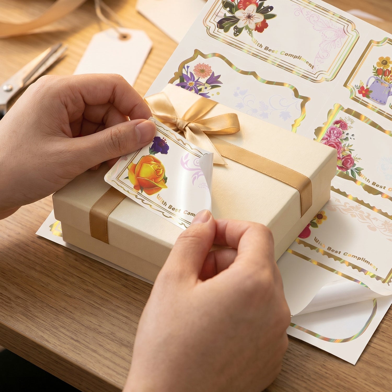 Gift Tag Stickers With Best Compliments Floral Foil Labels For Gifting (40 Pc)