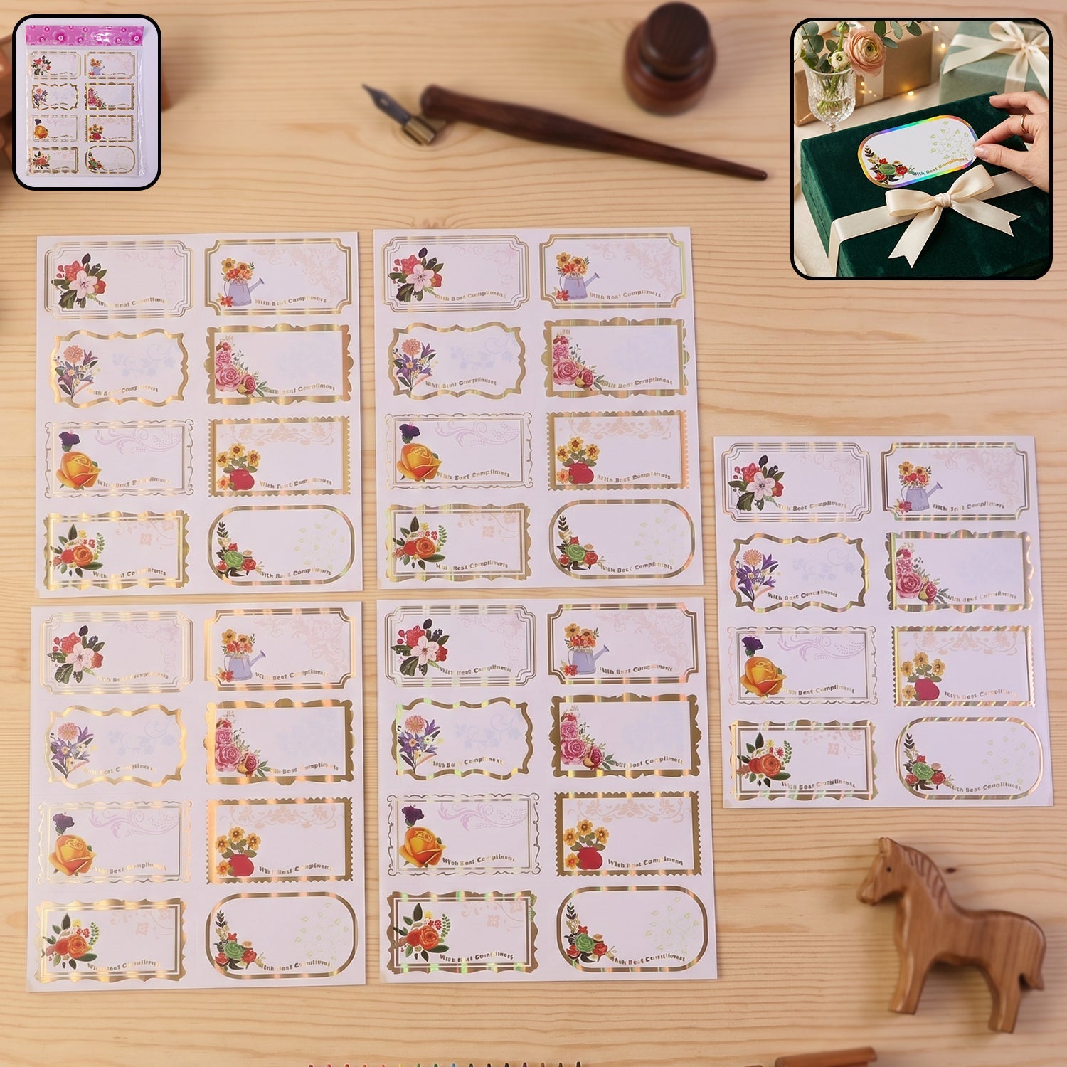 Gift Tag Stickers With Best Compliments Floral Foil Labels For Gifting (40 Pc)