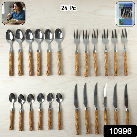 Stainless Steel Cutlery Set With Wooden Finish Handle (24 Pc Set)