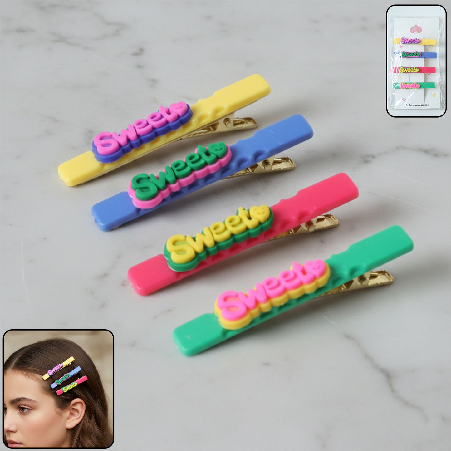 Sweet Text Decorative Hair Clip Set (4 Pc)