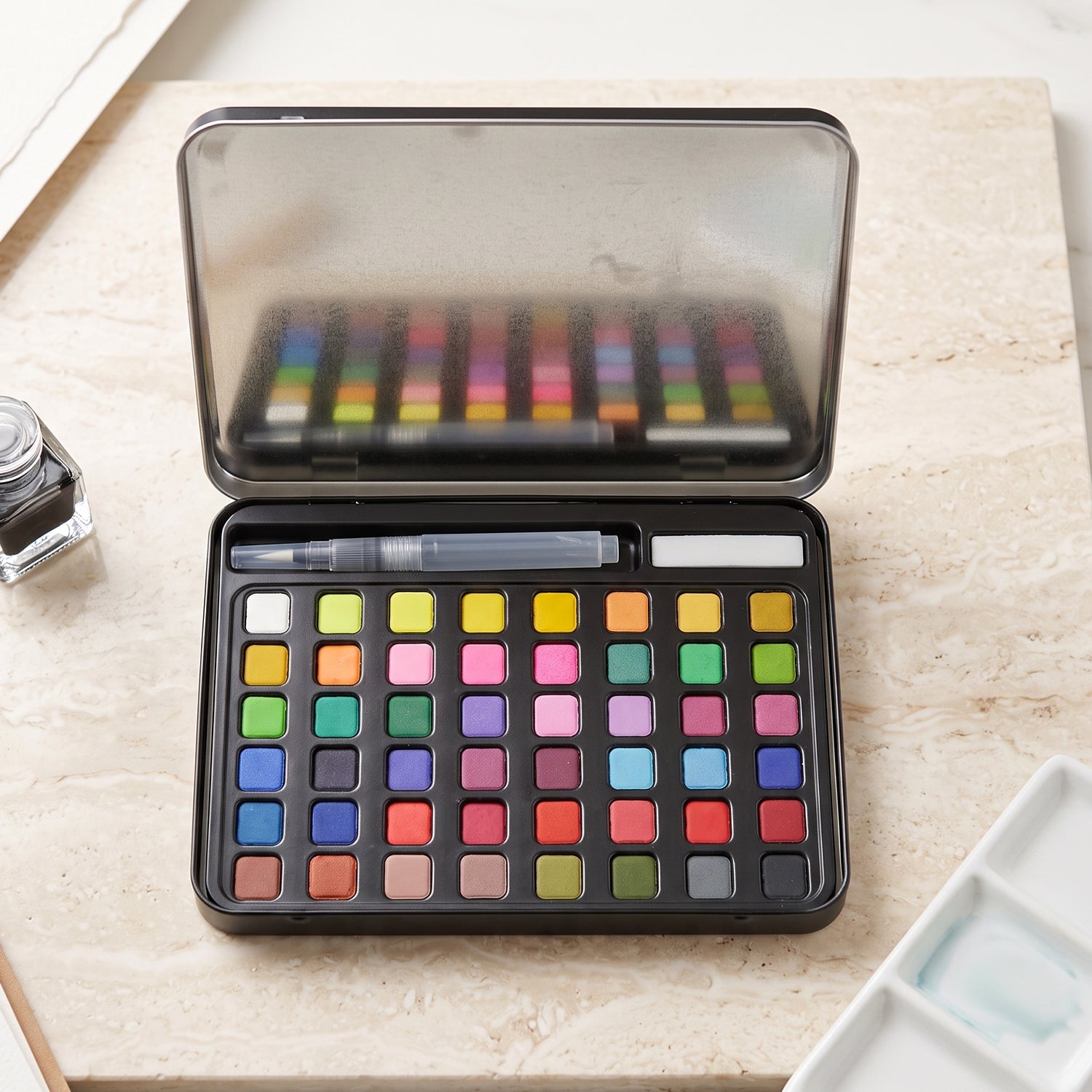 Solid Watercolor Paint Palette Kit With Metal Storage Box And Water Brush (1 Set)