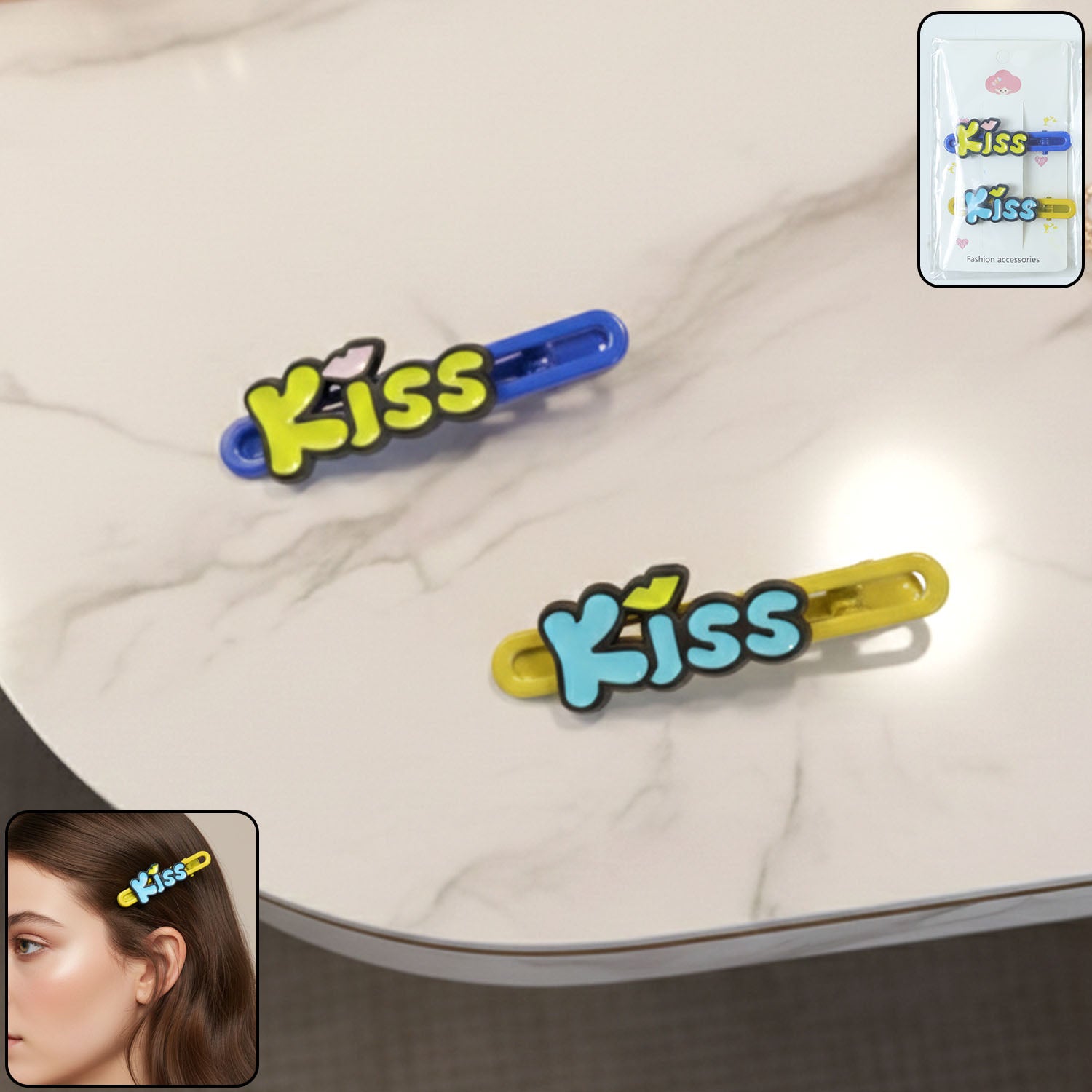Cute Kiss Text Hair Clip Set (2 Pc)