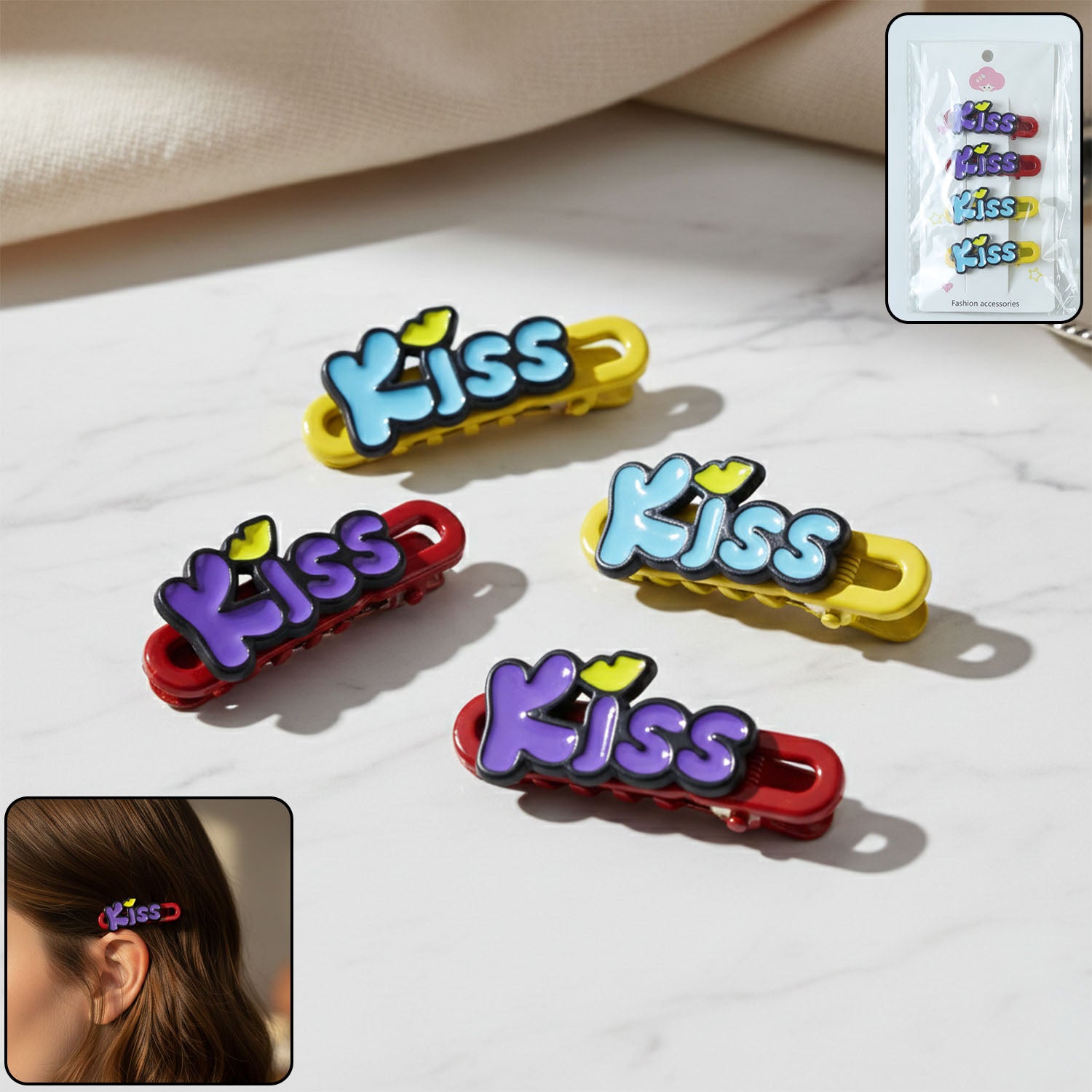 Decorative Kiss Text Hair Clip Set (4 Pc)