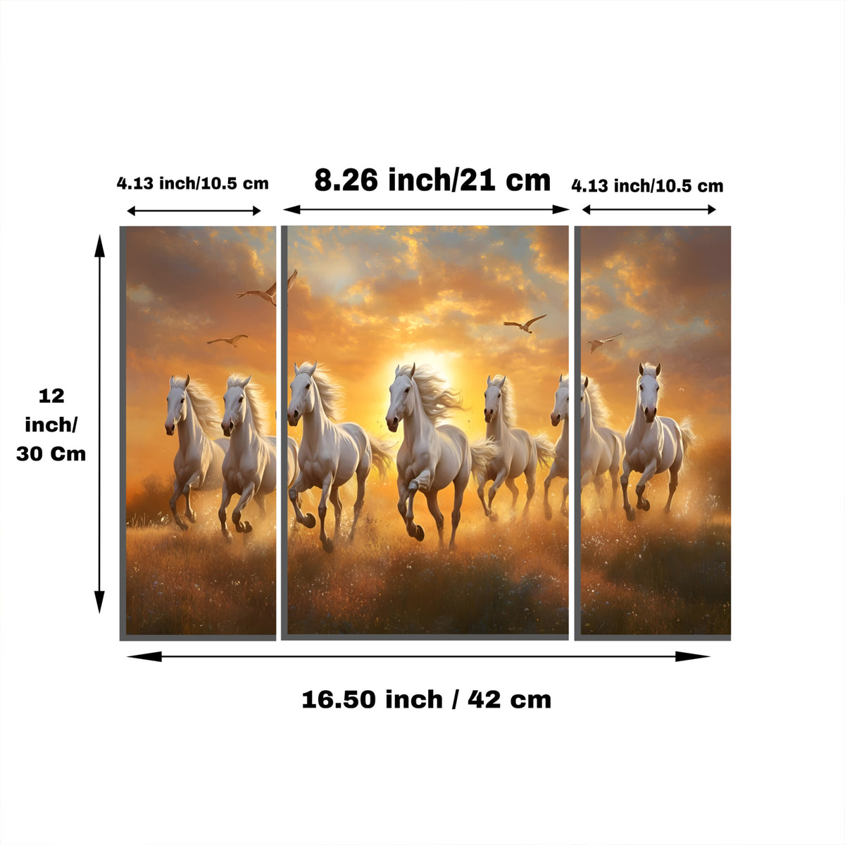 Horses Sunset 3 Panel Mdf Wall Frame Wall Art Painting 16.5x12in (1 Pc)