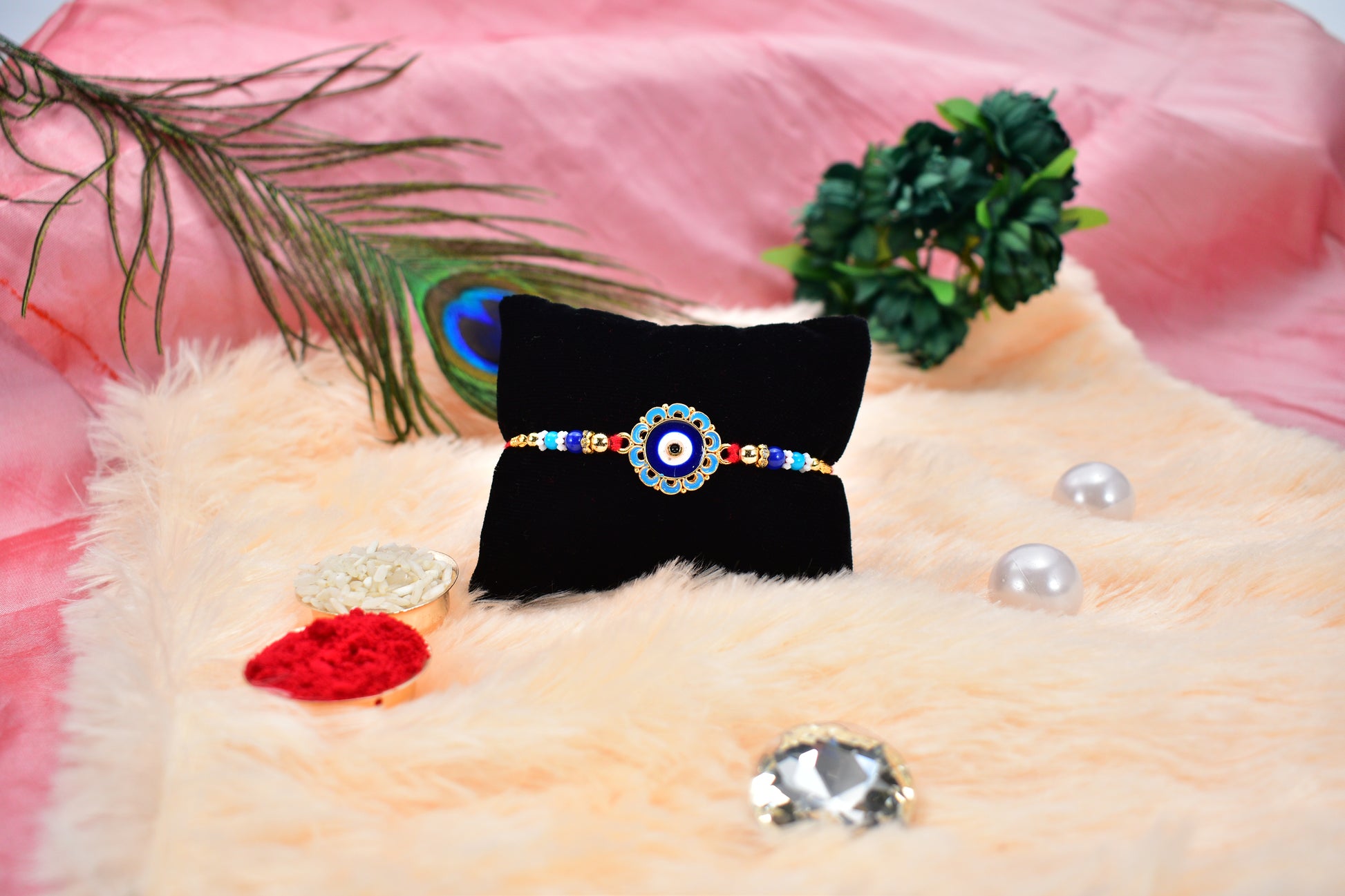Evil Eye Rakhi With Blue Beads And Golden Accents  Protective Nazar Design
