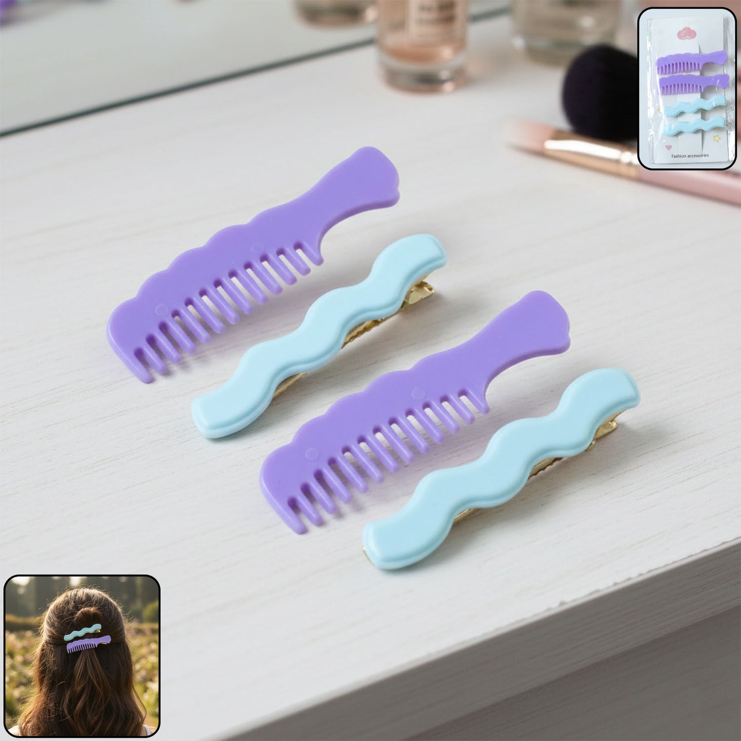 Comb-shaped Hair Clips Set For Girls  Women  Stylish Hair Pins (4 Pc )
