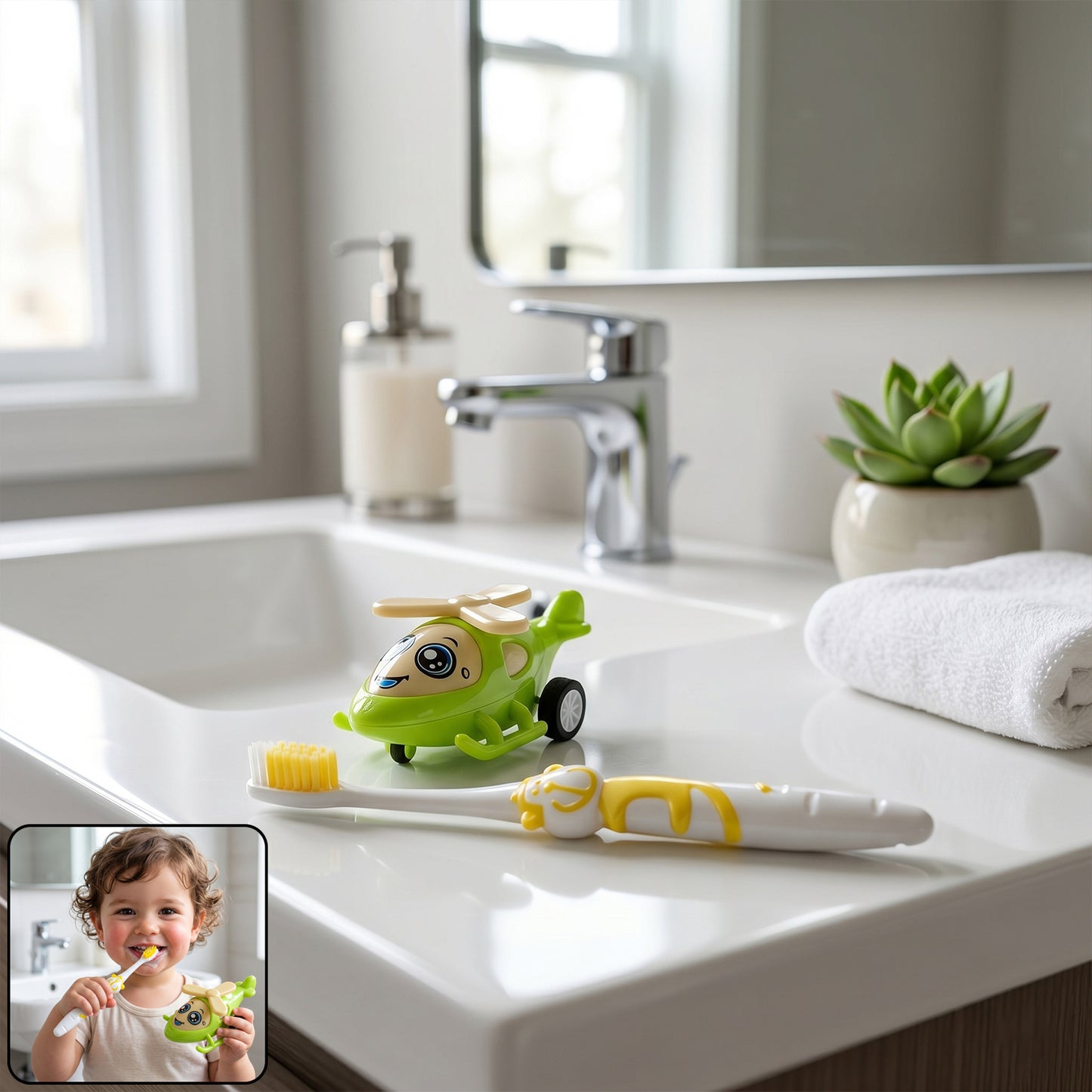 2 In 1 Kids Toothbrush With Fun Helicopter Toy (2 Pc Set)
