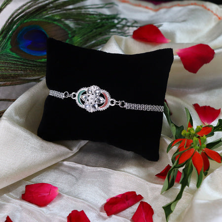Stylish Silver Rakhi With Tricolor Accents And Intricate Chain Link Design