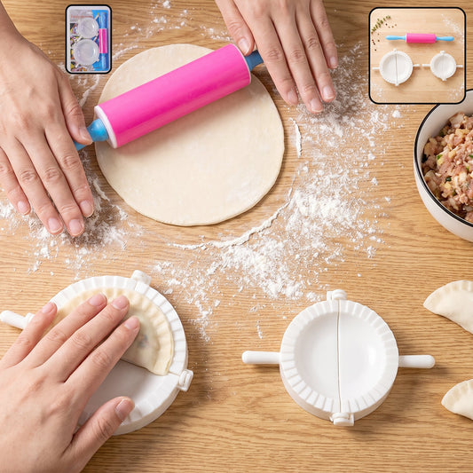 Dumpling Maker Mould Set With Mini Rolling Pin For Momo And Gujiya (1 Set)