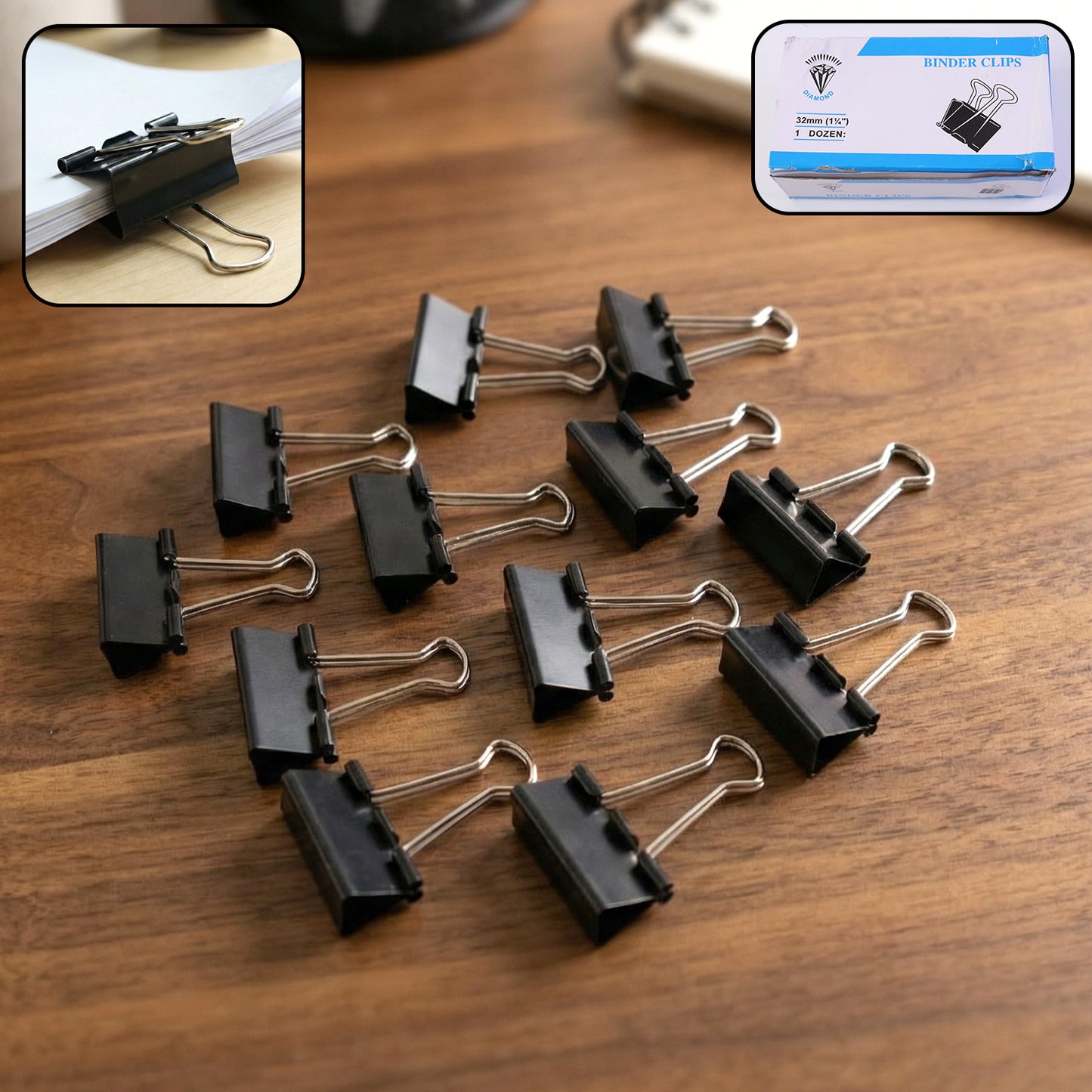 Medium Size Heavy-duty Black Binder Clips Set (32 Mm 12 Pc)
